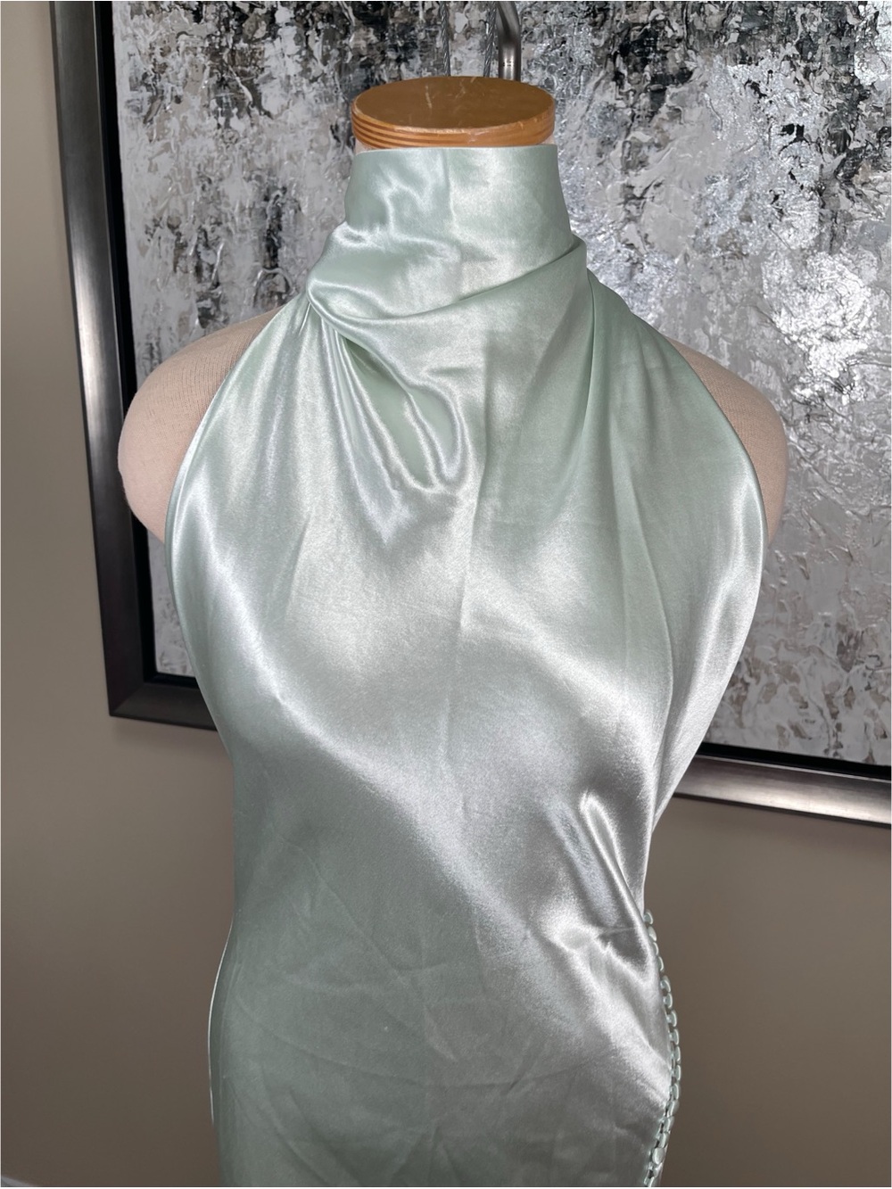SAU LEE Penelope Mockneck Draped Satin Pistachio Green Maxi Dress Size 10 - Picture 4 of 9